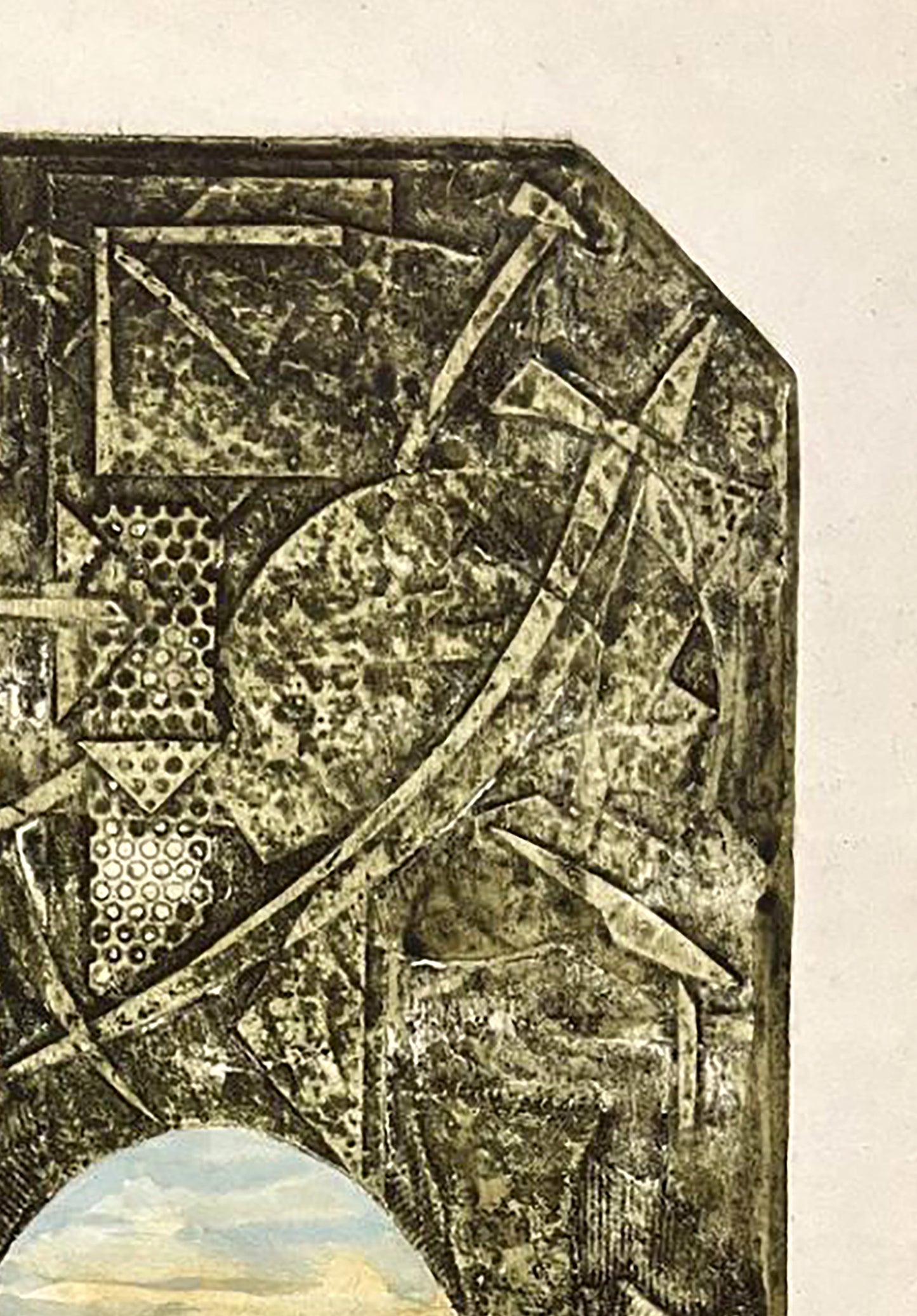 Abstract relief sculpture by East Oleksandr Zhmailo, earth-toned geometric etching