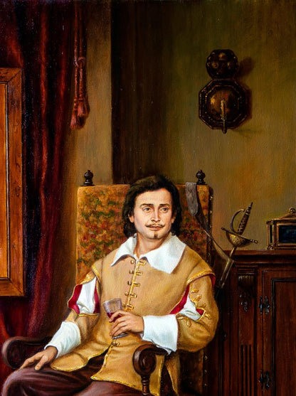 Oil painting In anticipation Valeriy Bulat: man in golden-brown doublet with wine