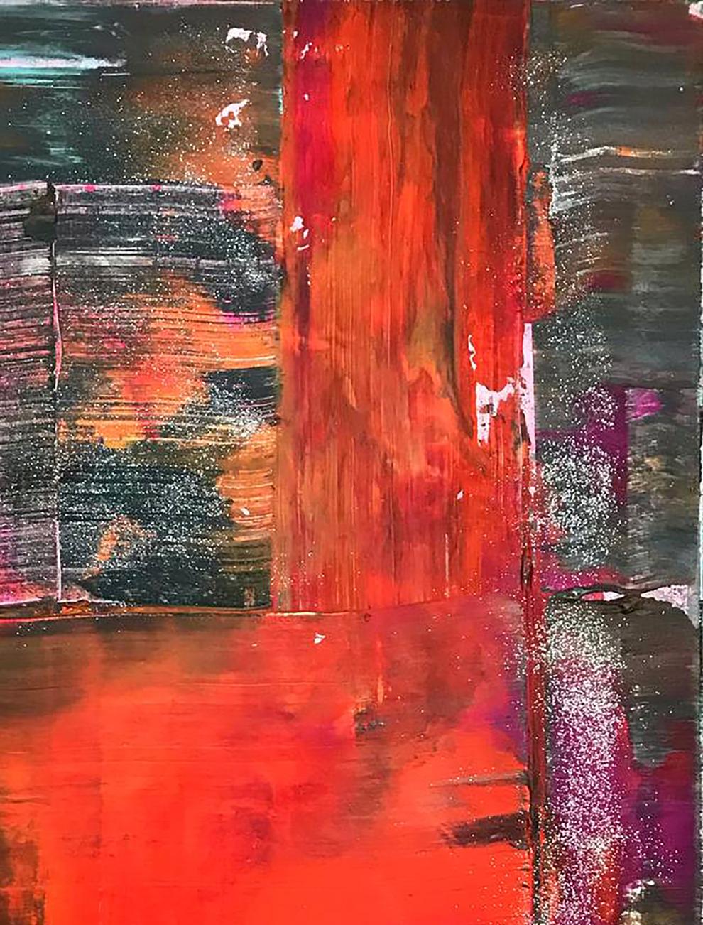 Vibrant acrylic painting LOVE by Olga Melezhik with bold red strokes on textured dark backdrop