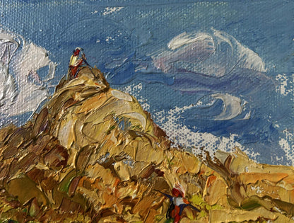 Oil painting Light and Peace among the meadows by Oleksiy Ivanyuk: mountain peak with figures