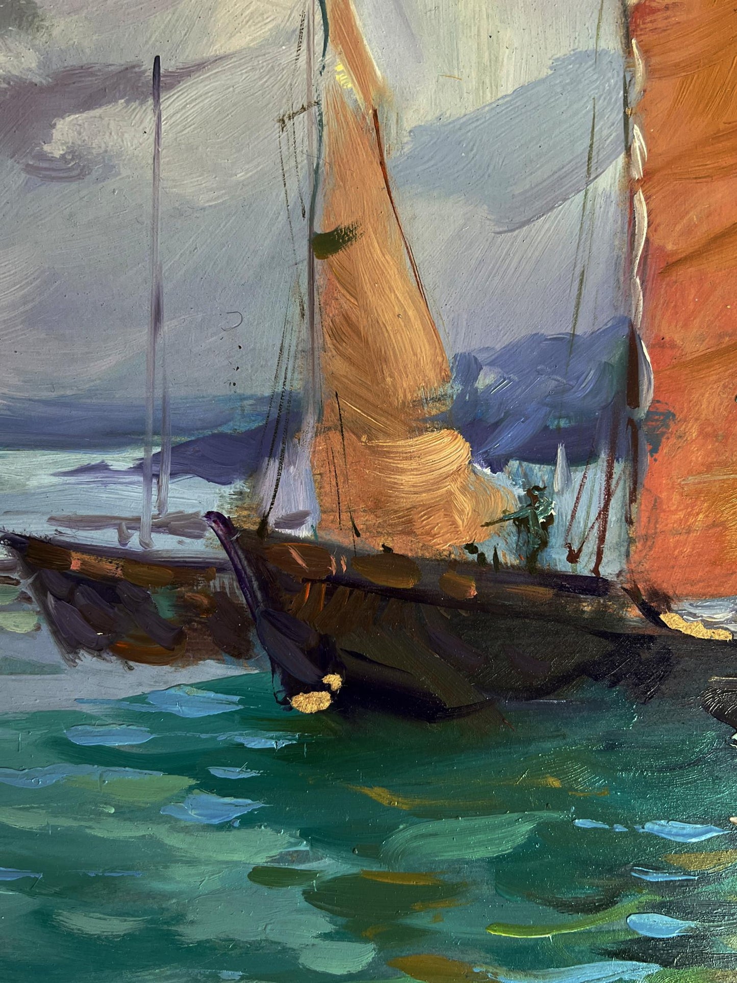 Oil painting of sailboat with orange sail at pier by Yuriy Suprunchuk