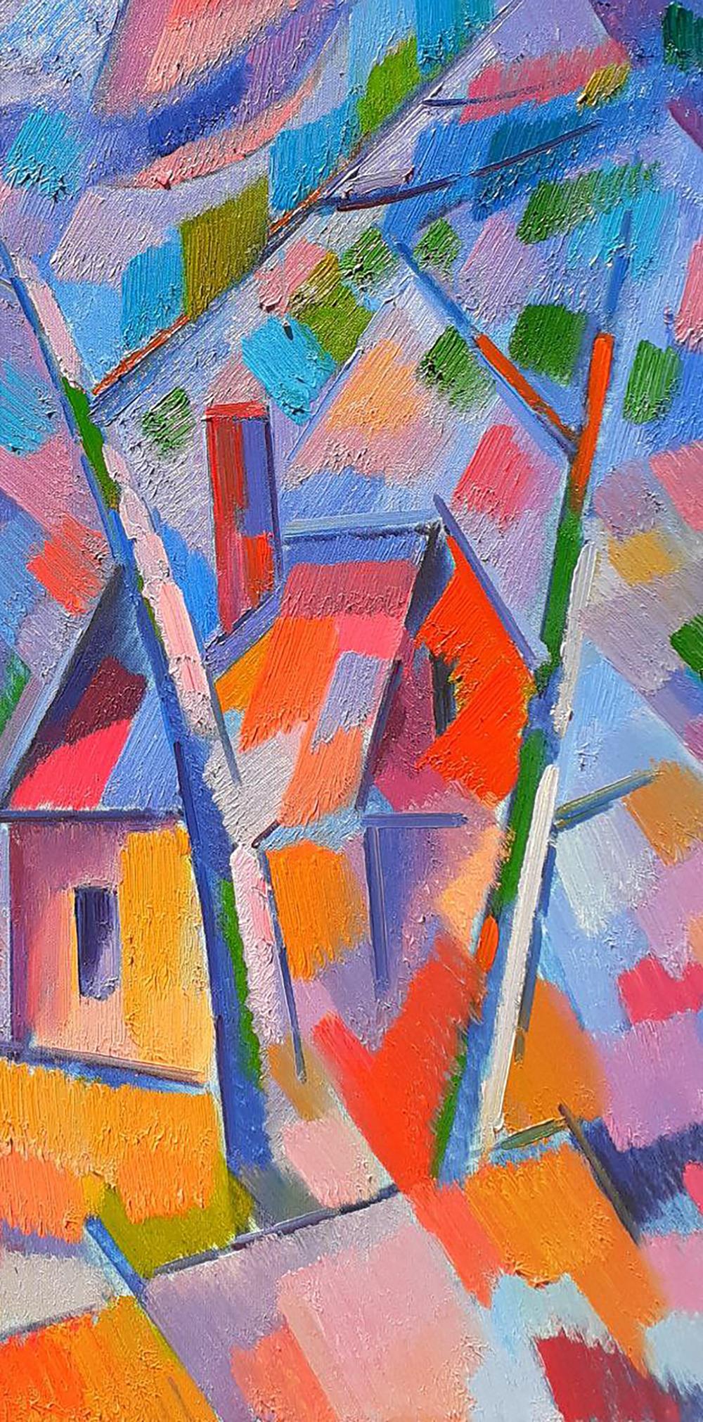 Vibrant oil painting by Peter Dobrev: industrial motive with bold geometric shapes