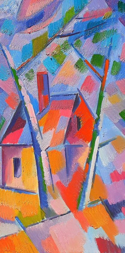 Vibrant oil painting by Peter Dobrev: industrial motive with bold geometric shapes