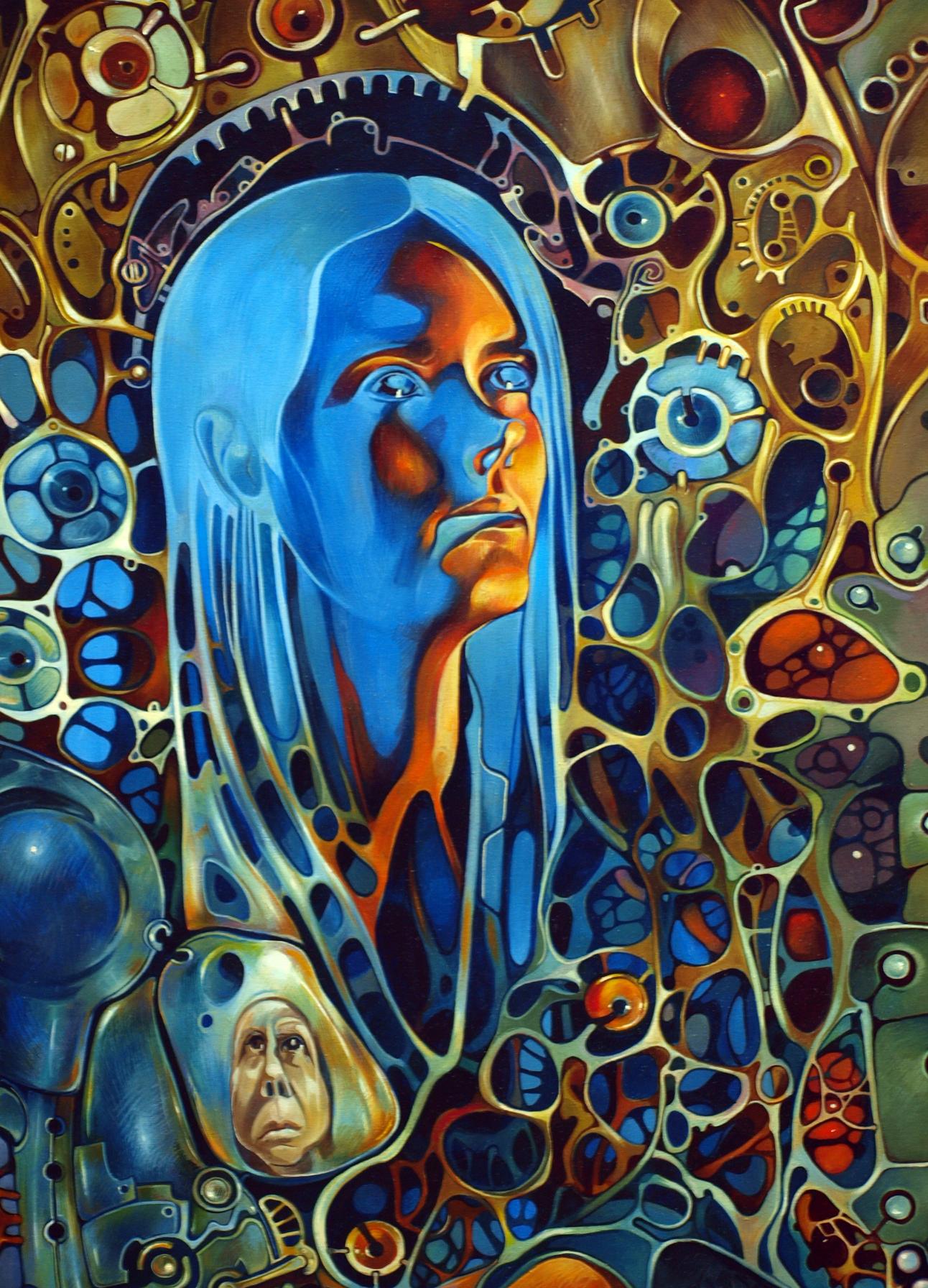 Surreal oil painting portrait of woman with blue hair by Konsta G. Amelinn