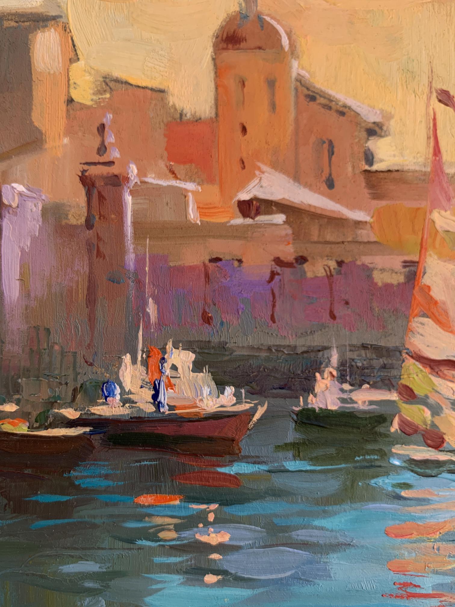 Warm-toned oil painting Evening at the Yacht Club by Yuriy Suprunchuk