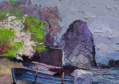 Oil painting Calm of a sea morning by Boris Serdyuk: blue boat by purple rock