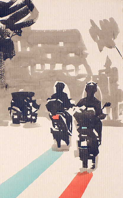 Watercolor Rome painting by Dima Filatov: stylized silhouette of motorcyclists and scooter