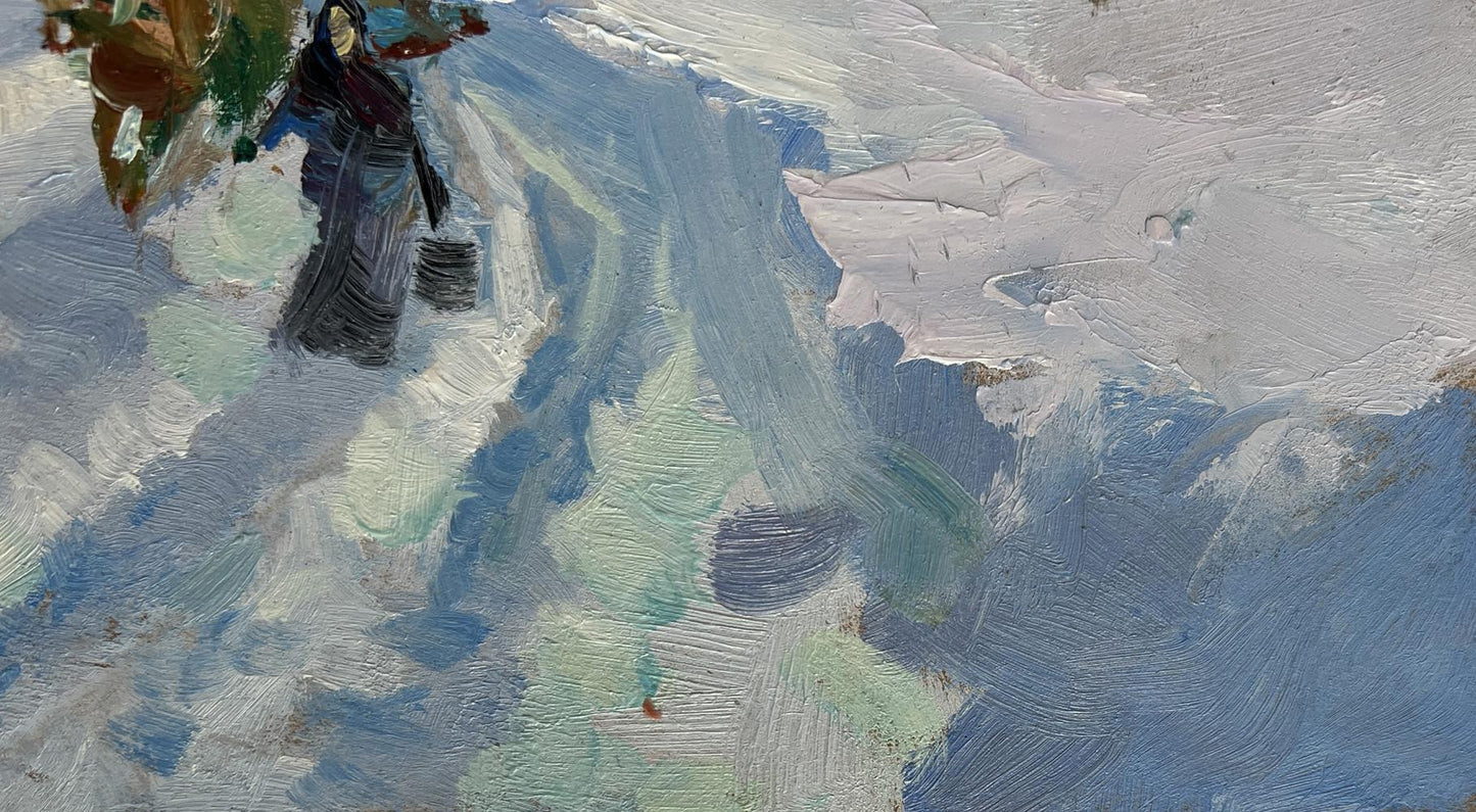 Textured oil painting of winter journey with horse in snowy mountains by Yuriy Suprunchuk