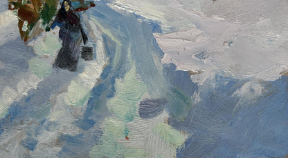 Textured oil painting of winter journey with horse in snowy mountains by Yuriy Suprunchuk