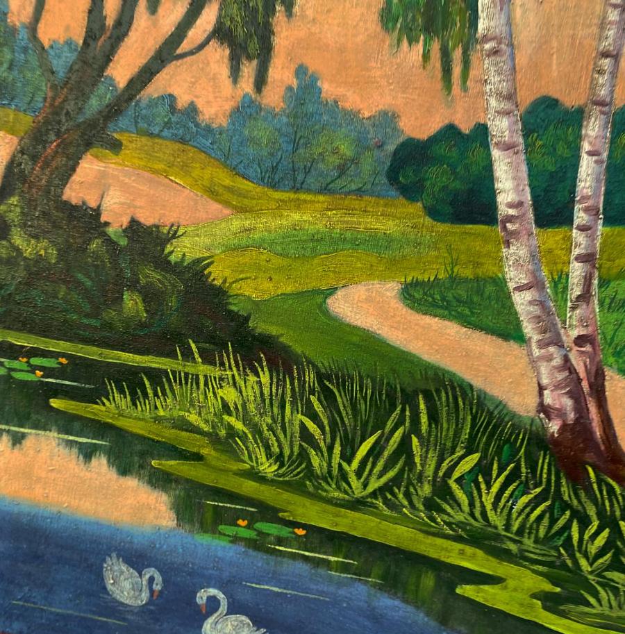 Oil painting Courtship by the Pond: white swans on blue pond amid reeds