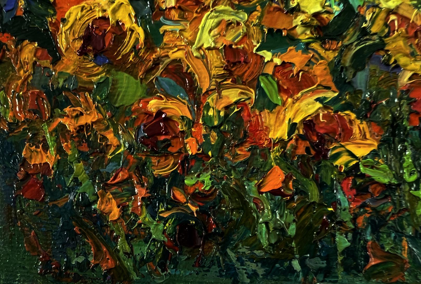 Vibrant impressionist oil painting of rural sunflowers by Oksana Ivanyuk