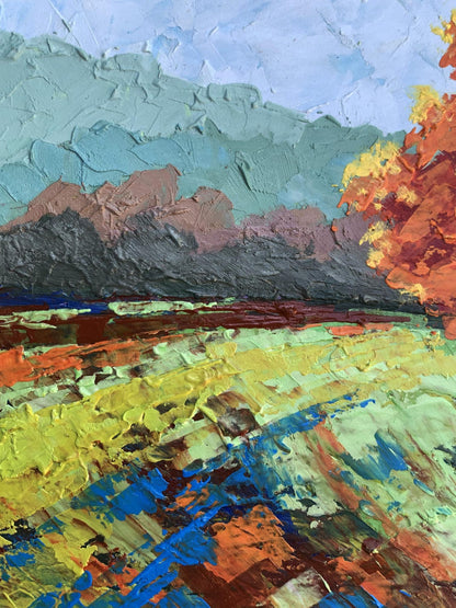 Vibrant oil painting of autumn tree by V. Zadorozhnya in teal, orange, yellow, blue impasto