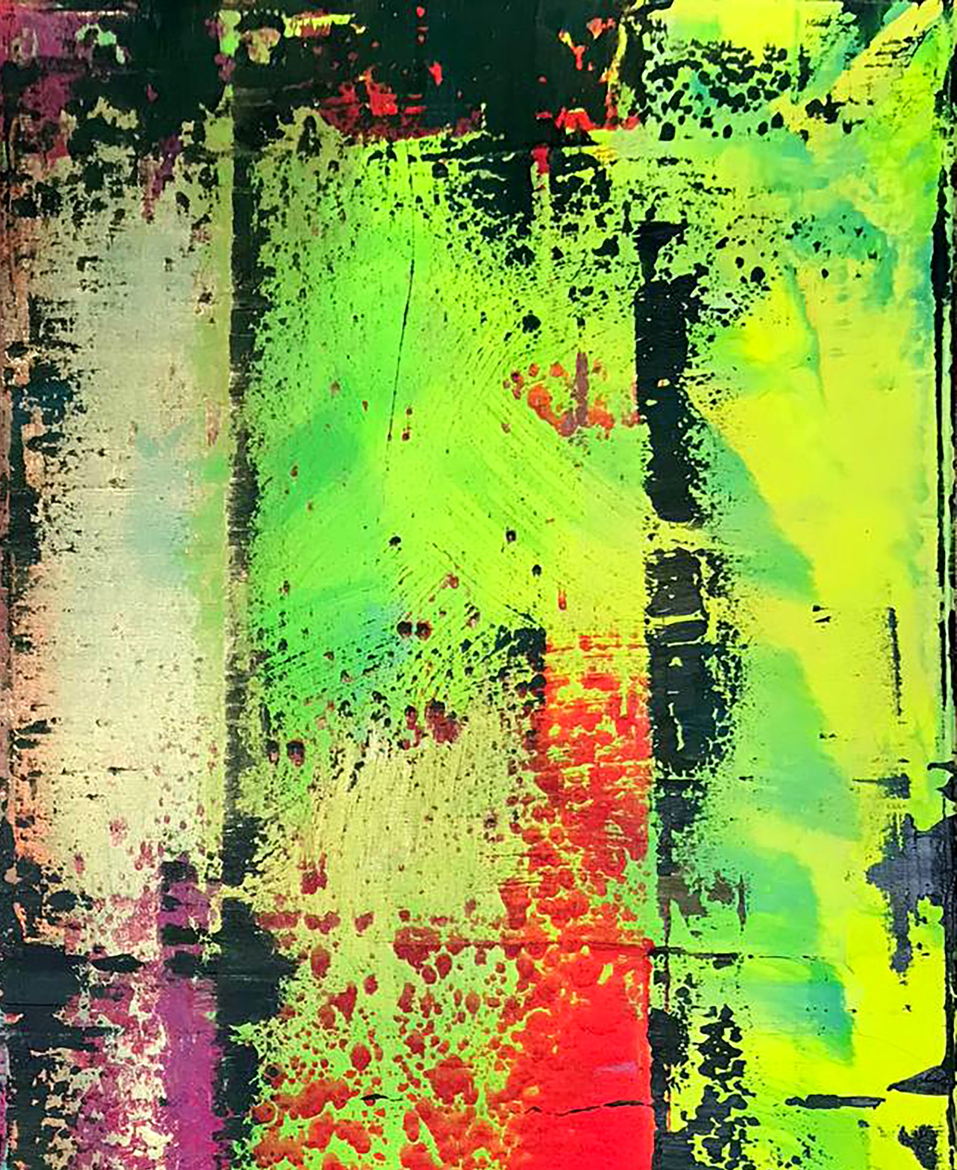 Vibrant Meeting abstract canvas: neon green, yellow, red on textured black-white base