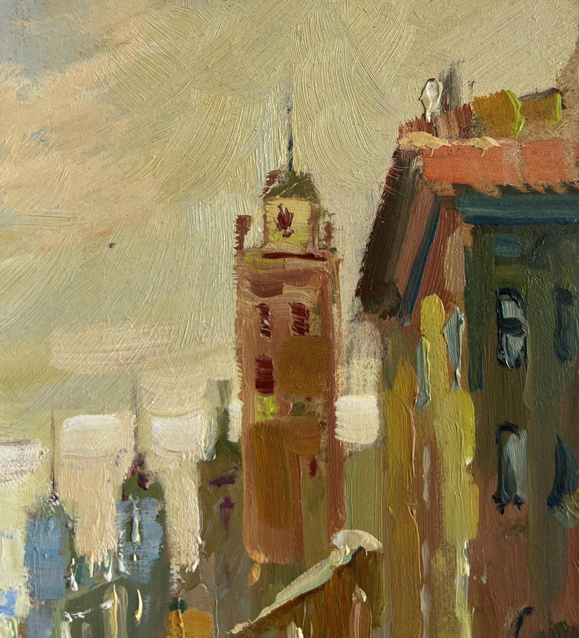 Oil painting Reflection of Venice by Yuriy Suprunchuk: tall textured tower in impressionistic cityscape