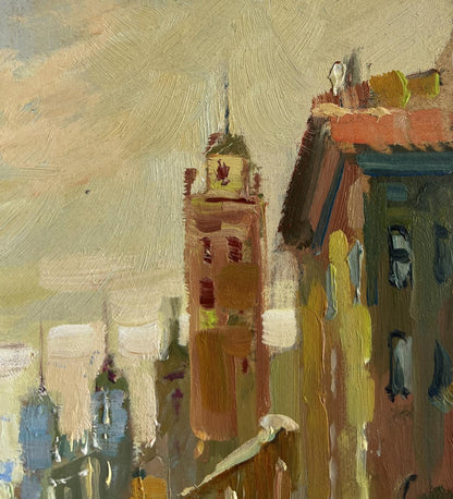 Oil painting Reflection of Venice by Yuriy Suprunchuk: tall textured tower in impressionistic cityscape