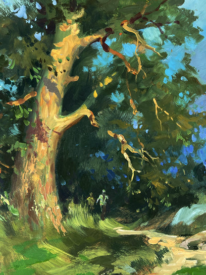 Oil painting of daytime road into forest with towering tree by Yuriy Suprunchuk