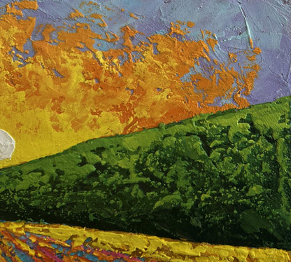 Vibrant oil painting by V. Zadorozhnya: sunset over flower field with green hills