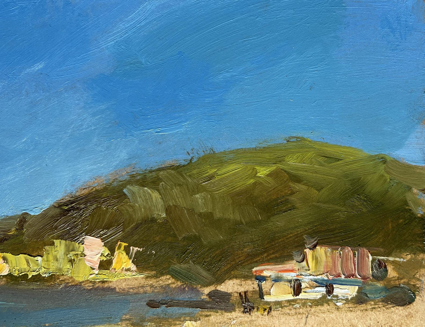 Oil painting Cloudy day at sea by Yuriy Suprunchuk, vibrant green hillside and shoreline