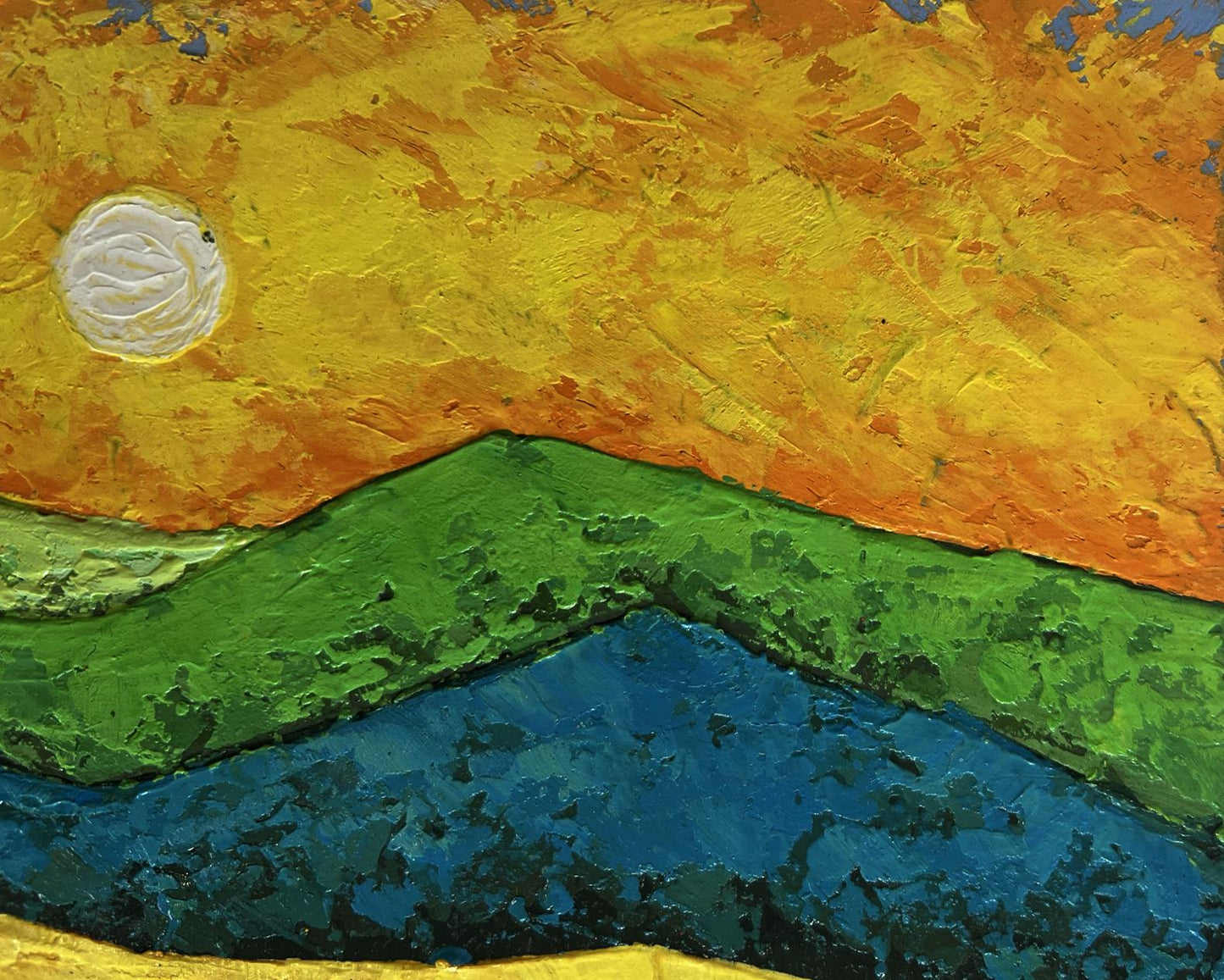Oil painting by V. Zadorozhnya: white sun, golden sky, green hills, blue water