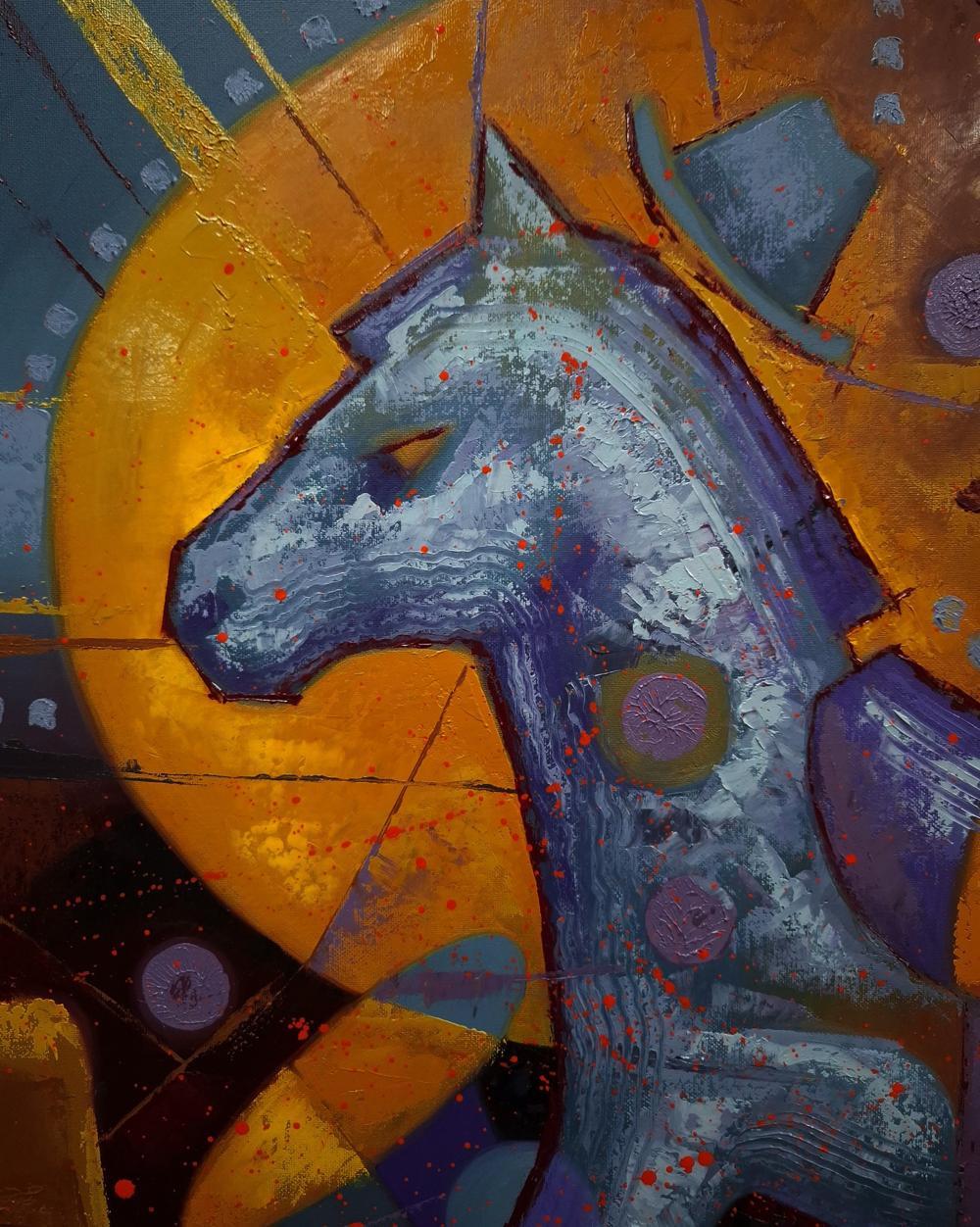 Oil painting of stylized blue rocking horse by Sergiy Voichenko