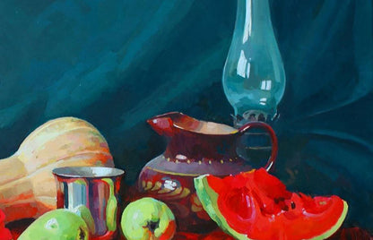Glossy deep red ceramic pitcher with gold patterns in Anastasia Yaroshevich still life oil painting