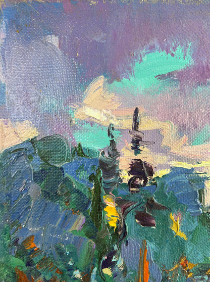 Oil painting Silver of morning dew by Oleksiy Ivanyuk, abstract purple teal green strokes