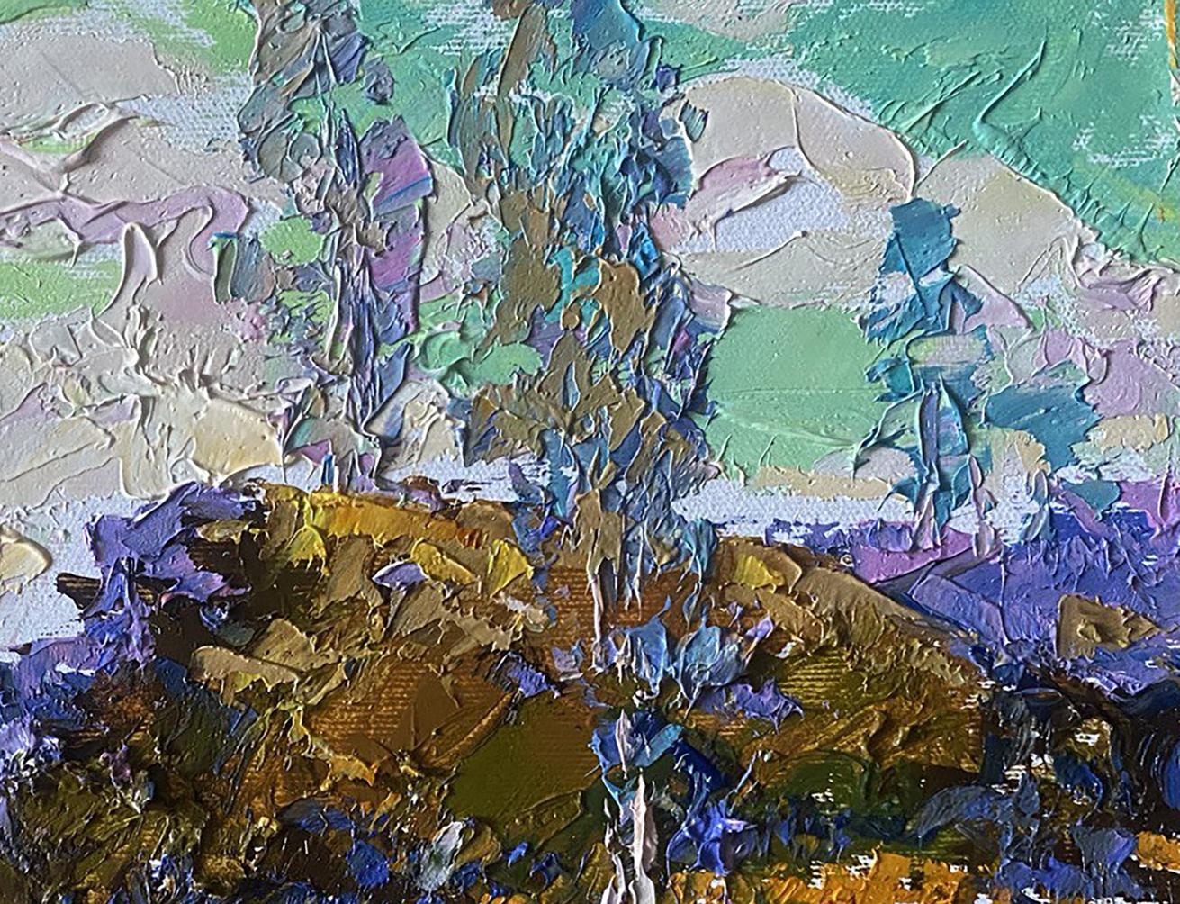 Oil painting Between the Trees by Oleksiy Ivanyuk with green blue impasto strokes
