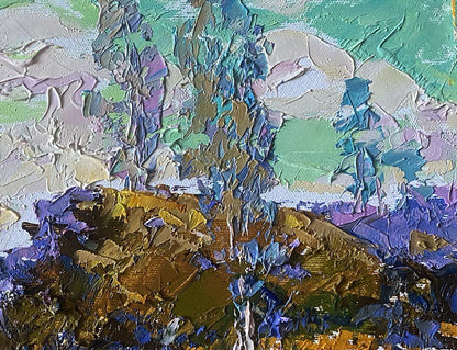 Oil painting Between the Trees by Oleksiy Ivanyuk with green blue impasto strokes