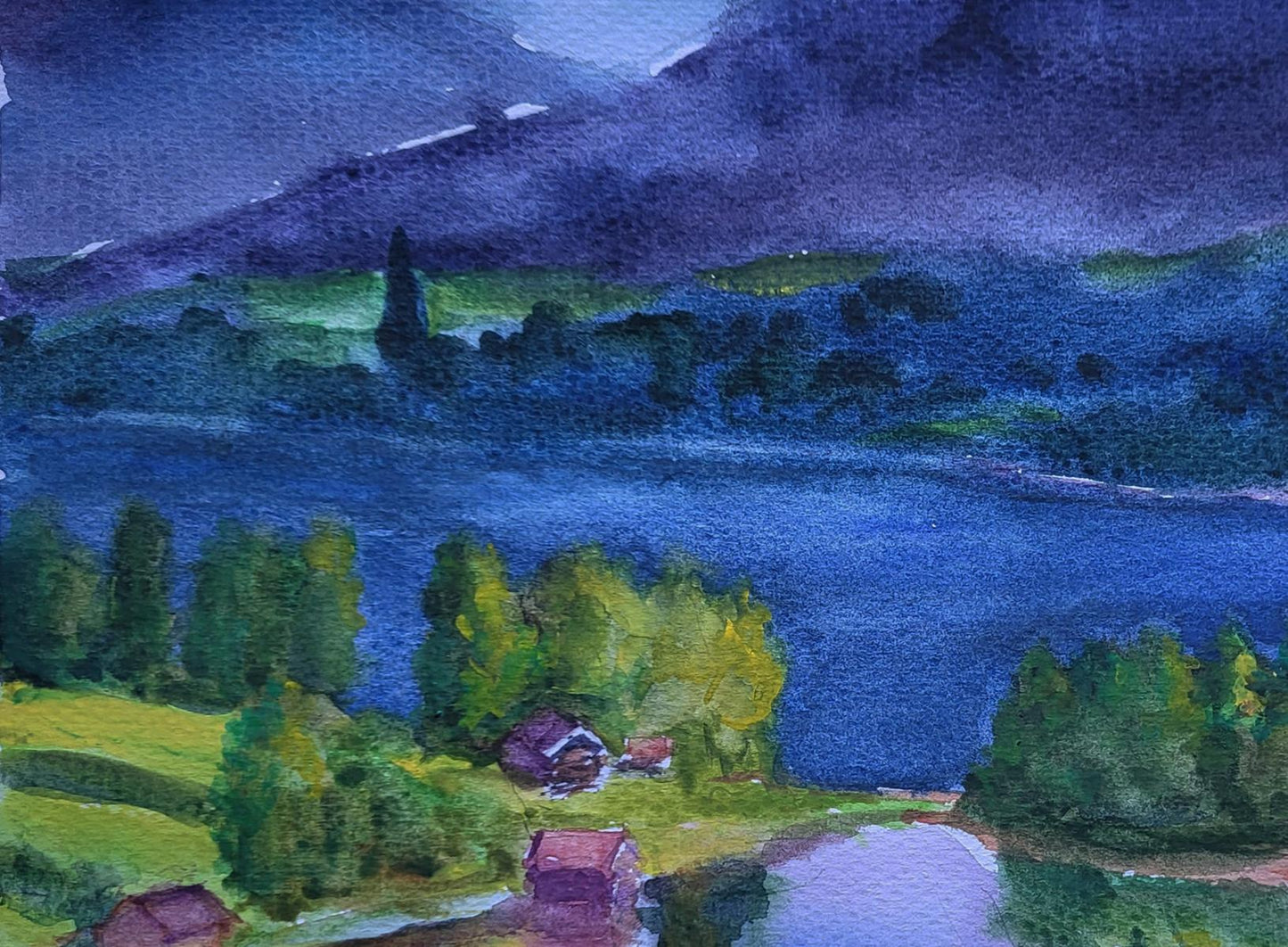 Serene watercolor lake hills mountains twilight by Boris Serdyuk