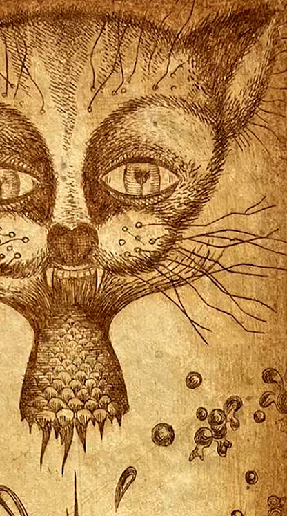 Detailed ink etching of surreal cat by Oleksandr Zhmailo on aged parchment