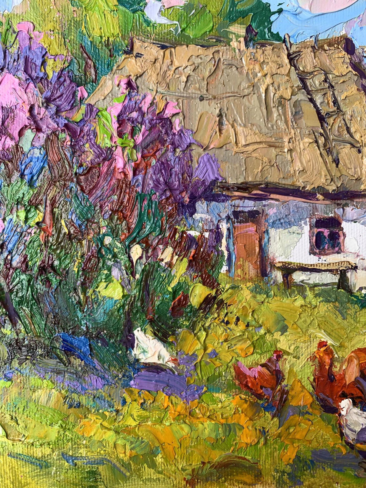 Vibrant impressionist oil painting by Oksana Ivanyuk of chickens in lush yard