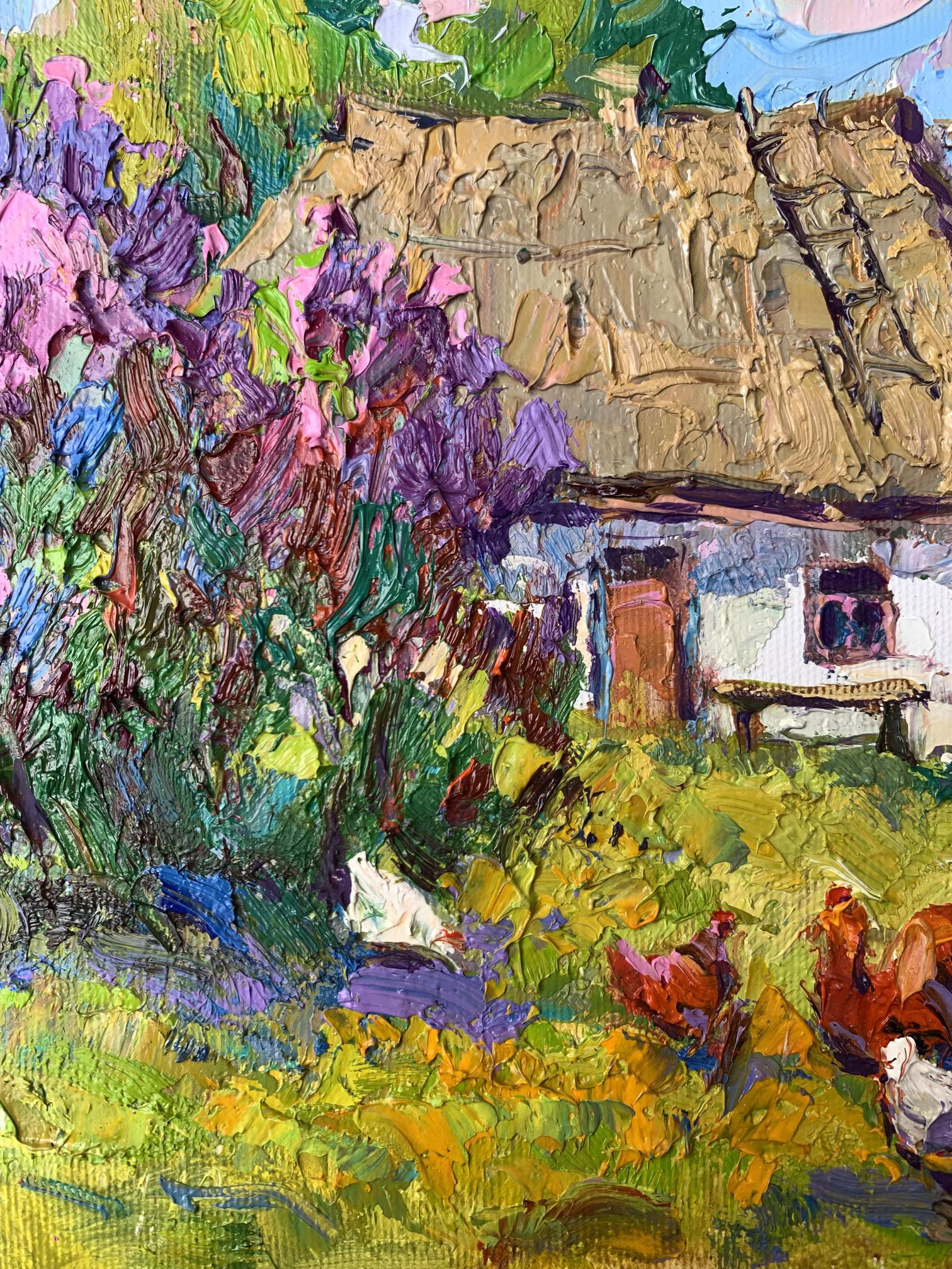 Vibrant impressionist oil painting by Oksana Ivanyuk of chickens in lush yard