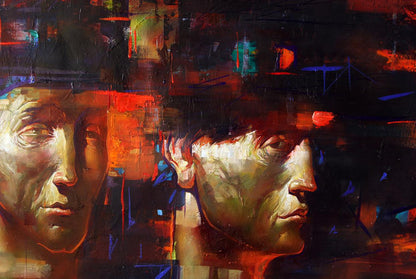 Oil painting by Alexander Dobrodiy: abstract faces in warm oranges, reds, blues