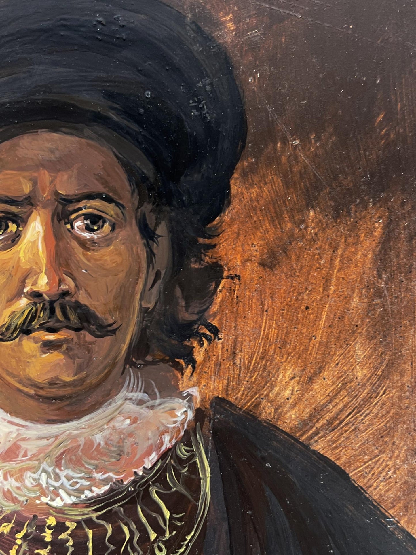 Oil painting by Alexander Litvinov: man with mustache, curly hair, ornate hat