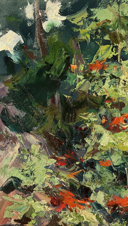 Vibrant impressionist oil painting of lush foliage and blossoms by Alexander Cherednichenko