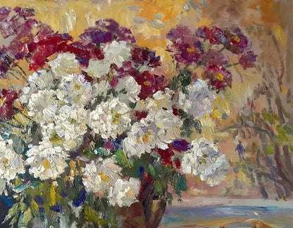 Vibrant oil painting of autumn flowers in dark vase by Ivan Kovalenko