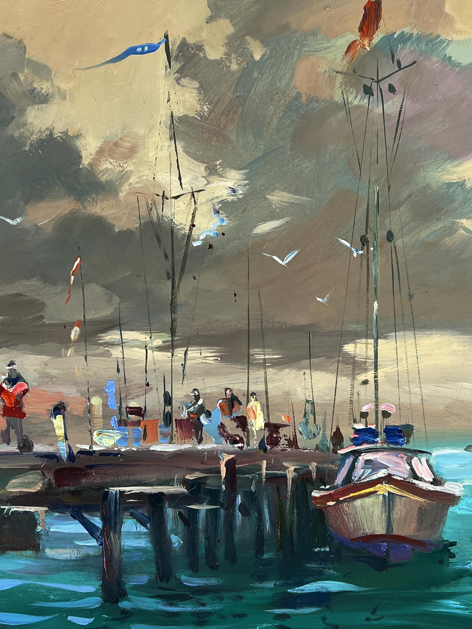 Oil painting by Yuriy Suprunchuk: sailboats at wooden pier in turquoise water