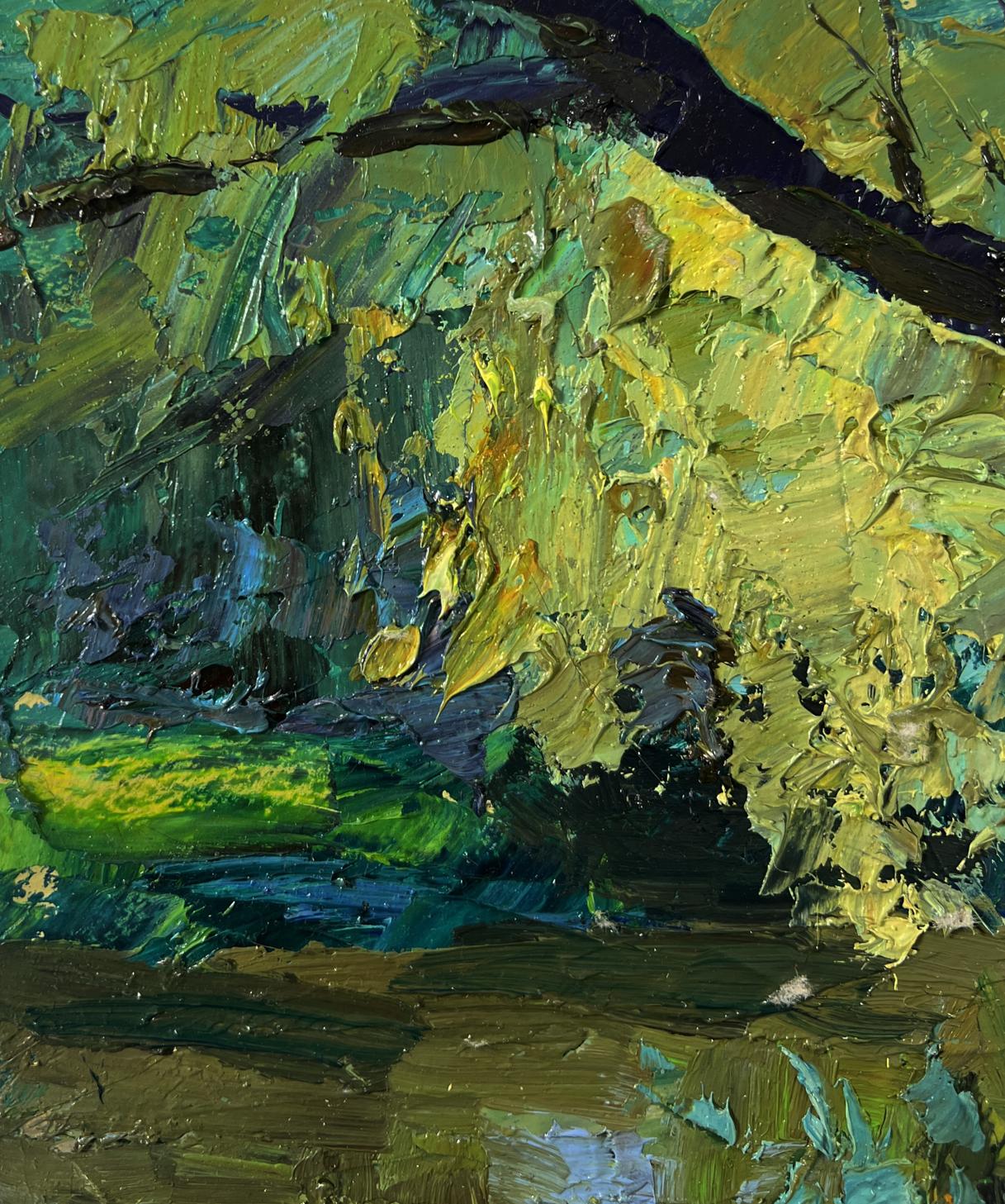Oil painting of tree near river by Boris Serdyuk, textured impasto greens