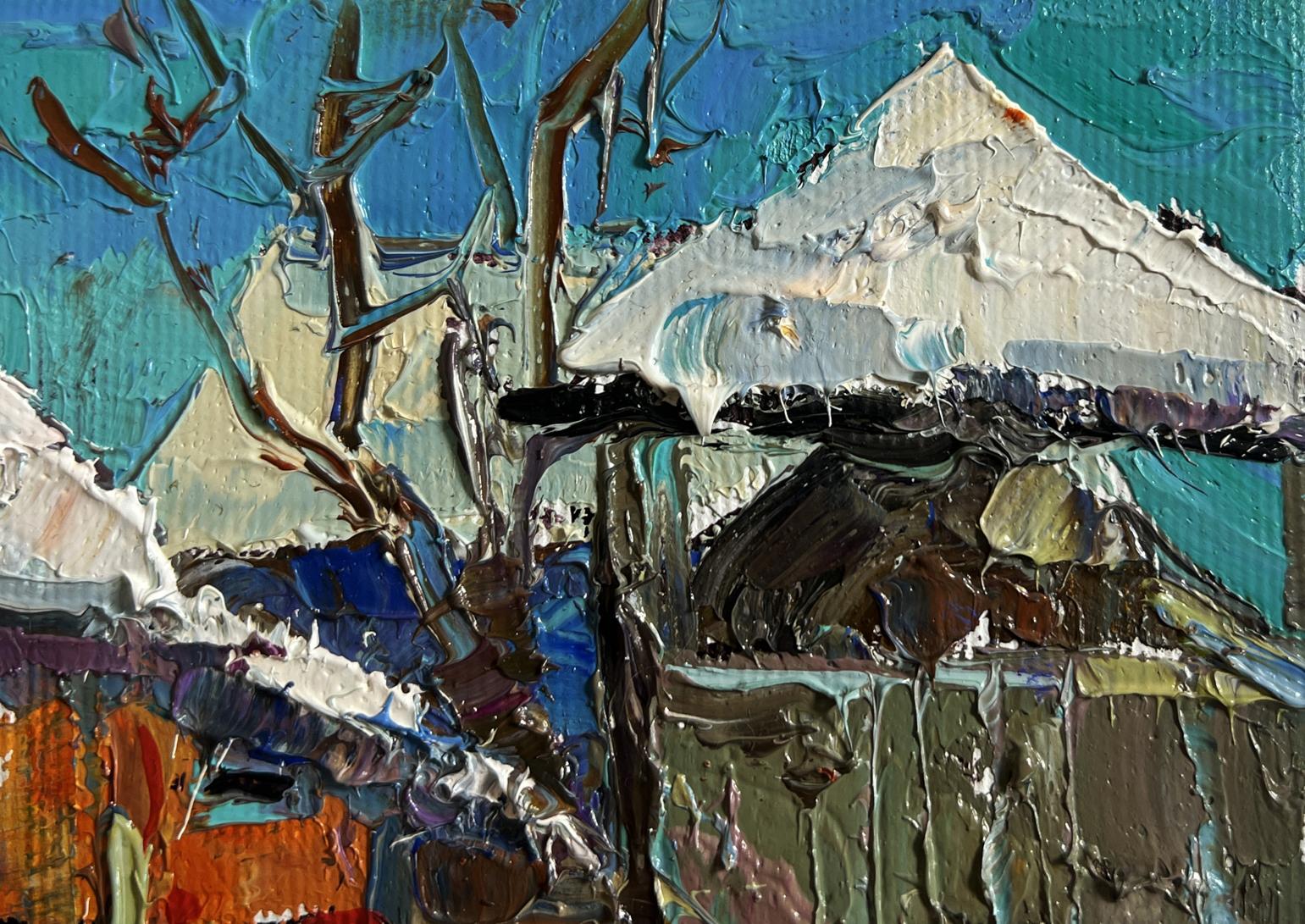 Textured oil painting Frosty morning in the village by Oksana Ivanyuk