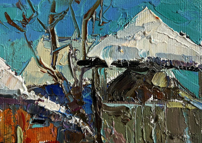 Textured oil painting Frosty morning in the village by Oksana Ivanyuk