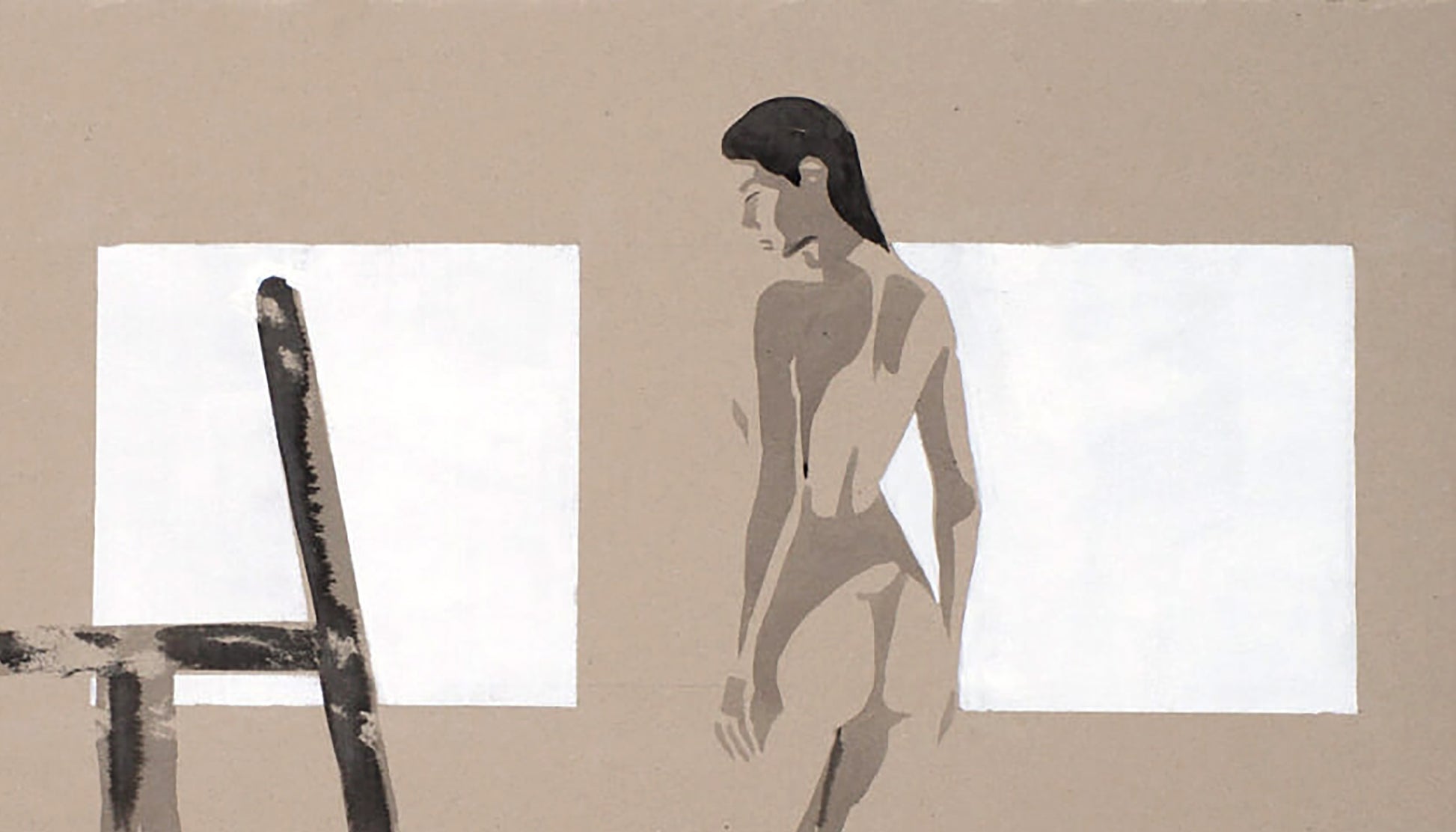 Minimalist nude woman by easel in Dima Filatov studio acrylic painting