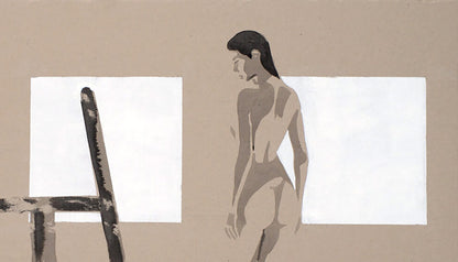 Minimalist nude woman by easel in Dima Filatov studio acrylic painting