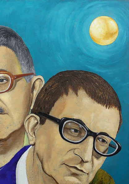 Oil painting of emotional brothers Andrii Klishyn portrait, two men with glasses, blue sky, golden sun