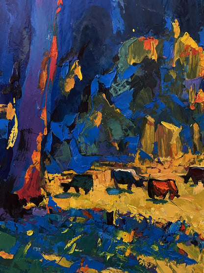 Vibrant Oleksiy Ivanyuk oil painting In the shade of the sedges with blue cattle scene