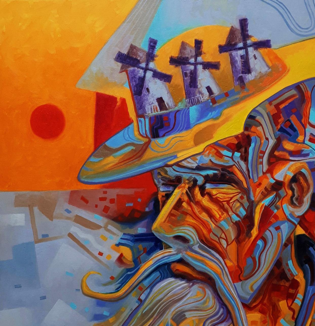 Oil painting Thoughts of Don Quixote by Sergiy Voichenko: purple windmills on orange sky