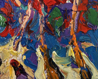 Vibrant oil painting of trees burning in evening light by Oleksiy Ivanyuk