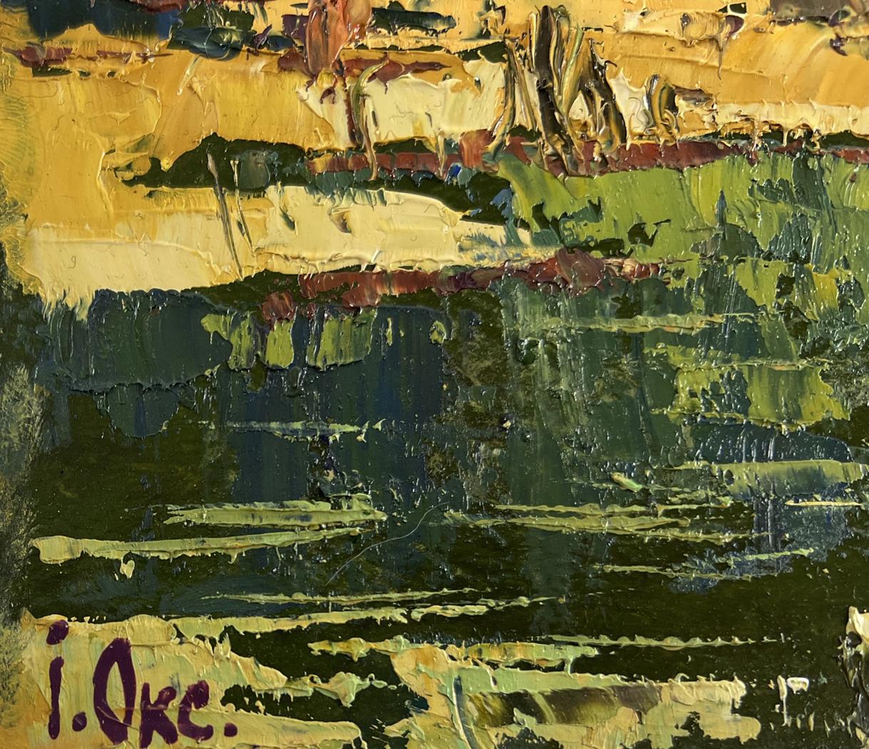 Oil painting Dawn over a quiet river by Oksana Ivanyuk with bold impasto strokes