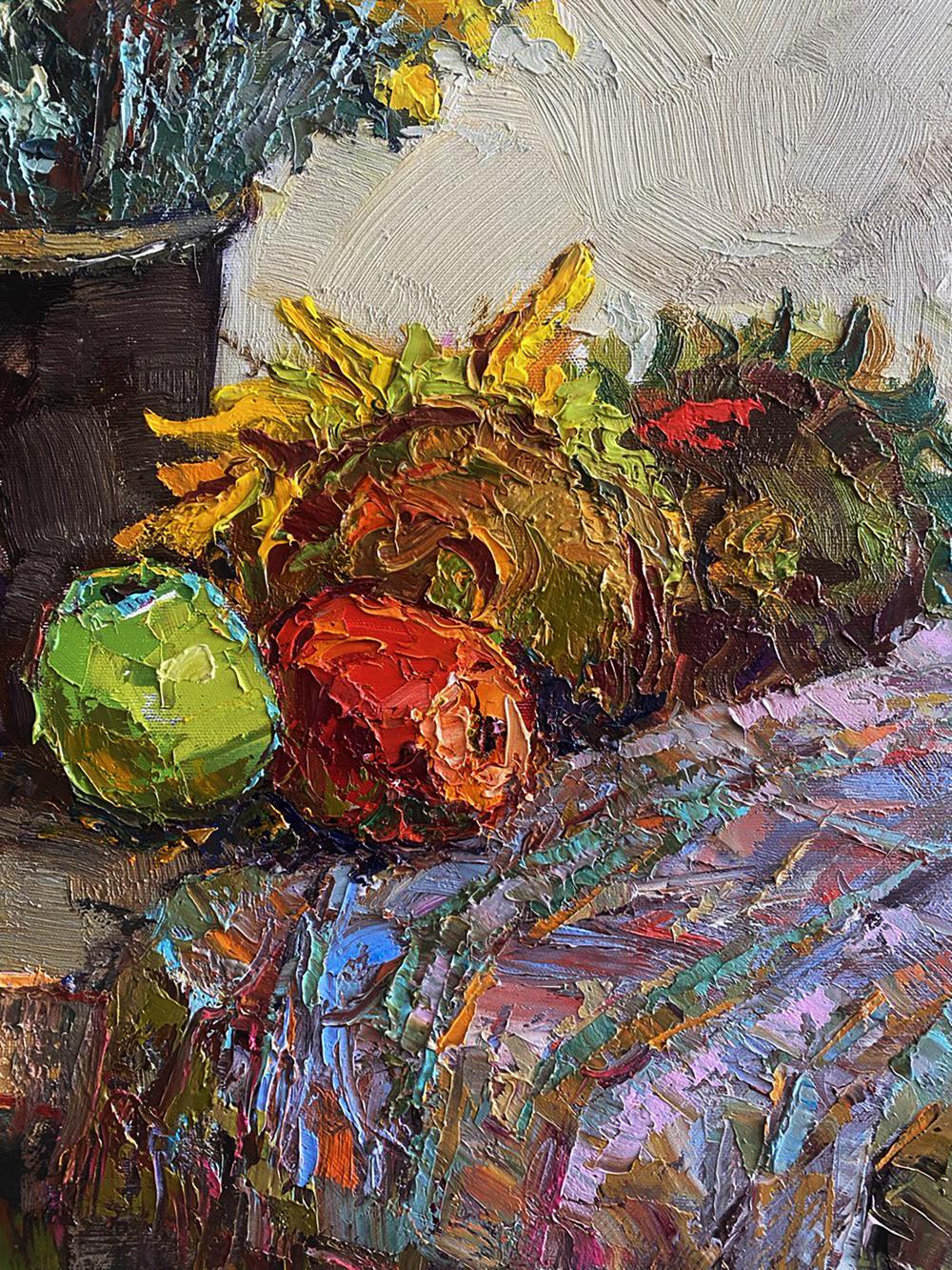Vibrant oil painting of sunflowers, vegetables and apples by Oksana Ivanyuk