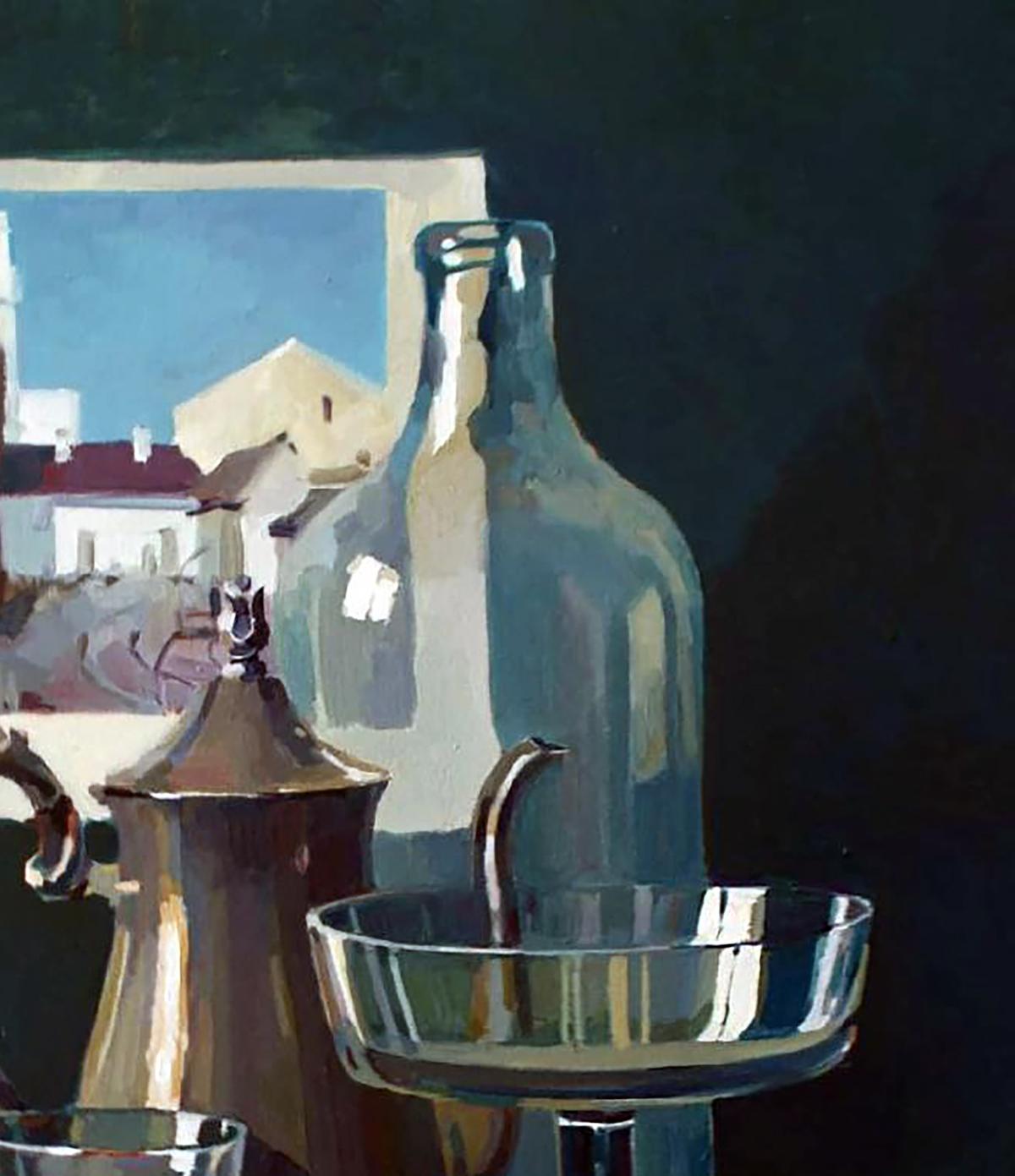 Oil painting still life: translucent blue glass bottle behind silver bowl by Anastasia Yaroshevich