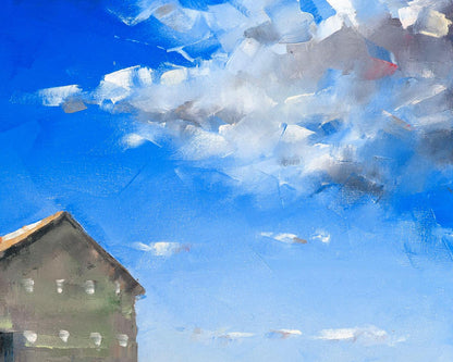 Oil painting Heavenly Mood by Volodymyr Gluhomanyuk: rustic brown house under blue sky
